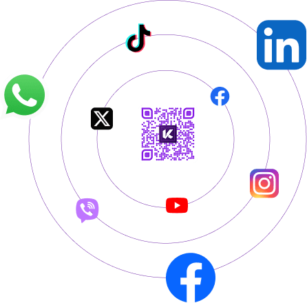 A Kora QR code ringed by social network icons