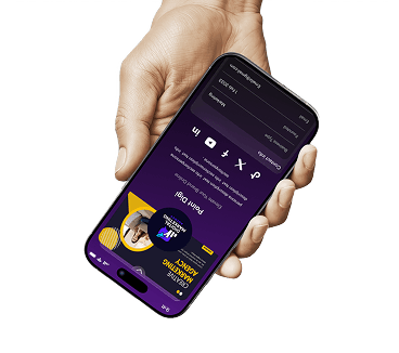 A hand holding a tilted phone showing a business profile